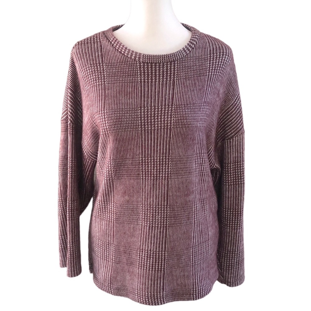 ZARA Houndstooth Burgundy & White  Long Sleeve Crew Neck Knit Sweater Sz Sm